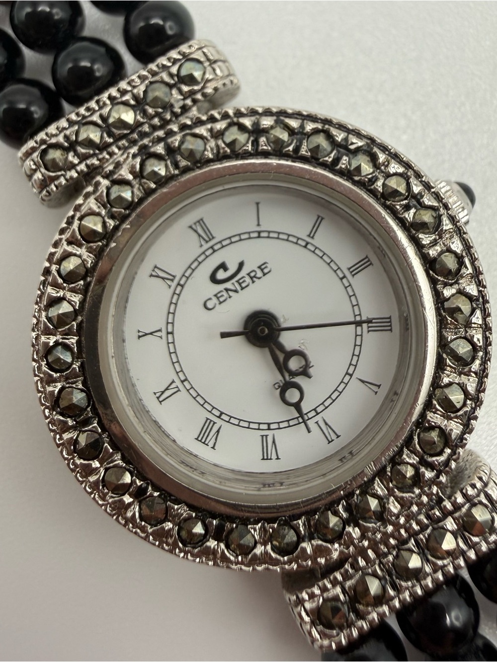 Cenere Marcasite Beaded Bracelet Watch Black Onyx Style Quartz Women’s 7”